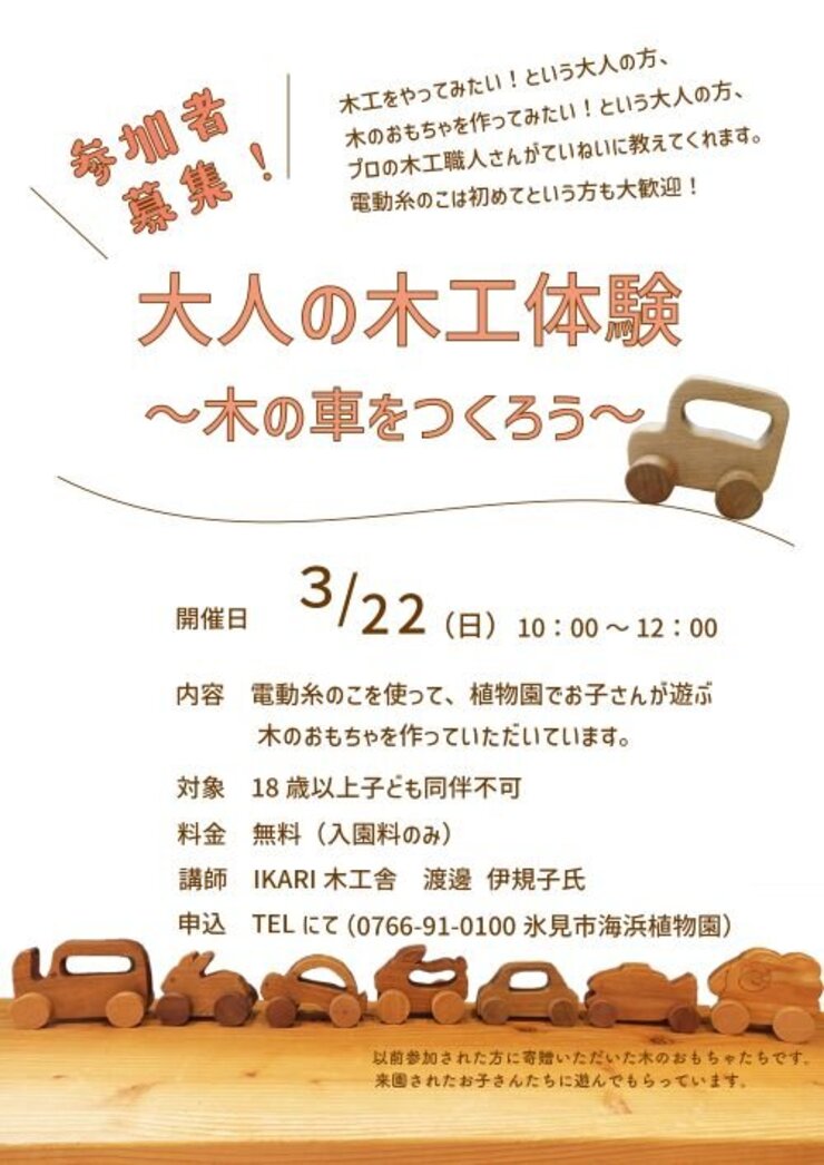 大人の木工体験～木の車をつくろう～参加者大募集！